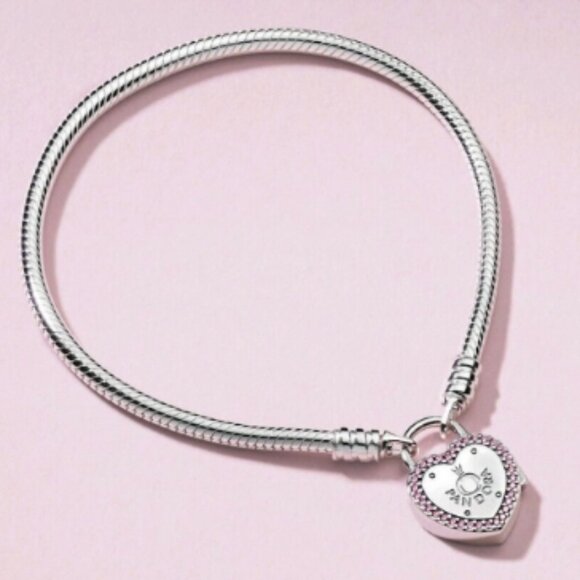 NEW AUTHENTIC PANDORA SILVER CHARM BRACELET LOCK YOUR PROMISE HEART - Picture 1 of 3